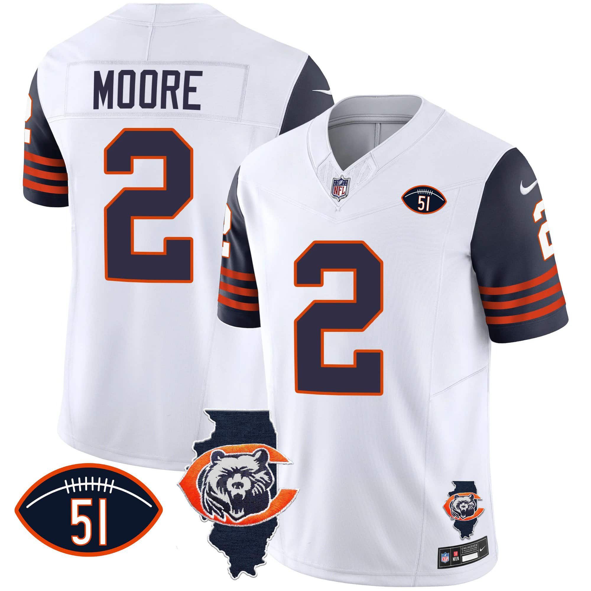 Men Chicago Bears #2 Moore White 2024 Nike Throwback Illinois Patch Vapor NFL Jersey style 1
